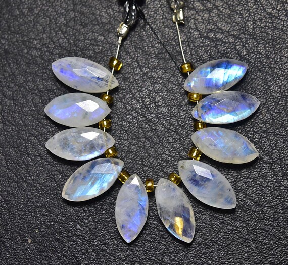 Blue Flashes Rainbow Moonstone Marquise Beads -10 Pcs- Natural Faceted Rainbow Moonstone Marquise Briolettes - Size Is 6x13 Mm#2025