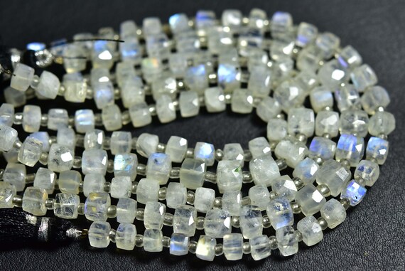 Blue Fire Rainbow Moonstone Cube Beads - 7 Inches - Natural Faceted Moonstone Cube Box Shape Briolettes - Size Is 5 Mm #1099