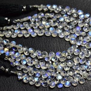 Blue Fire Rainbow Moonstone Heart Beads - 7 Inches - Natural Superb Faceted Rainbow Moonstone Briolettes Strand - Size 4.5 - 6 #1461 Blue Fire Rainbow Moonstone Heart Beads - 7 Inches - Natural Superb Faceted Rainbow Moonstone Briolettes Strand - Size 4.5 - 6 #1461