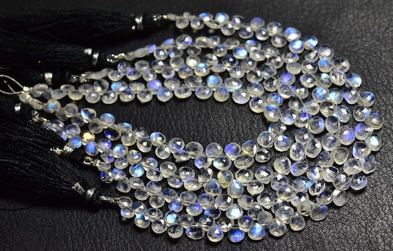 Blue Fire Rainbow Moonstone Heart Beads - 7 Inches - Natural Superb Faceted Rainbow Moonstone Briolettes Strand - Size 4.5 - 6 #1461 Blue Fire Rainbow Moonstone Heart Beads - 7 Inches - Natural Superb Faceted Rainbow Moonstone Briolettes Strand - Size 4.5 - 6 #1461