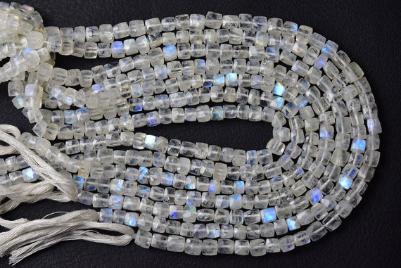 Rainbow Moonstone Cube Beads - 8 Inches - Natural Faceted Moonstone Cube Box Shape Briolettes - Size Is 5-5.5 Mm #928