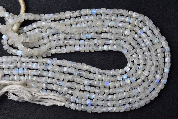 Rainbow Moonstone Cube Beads - 8 Inches - Natural Faceted Moonstone Cube Box Shape Briolettes - Size Is 4.5 - 5 Mm #976