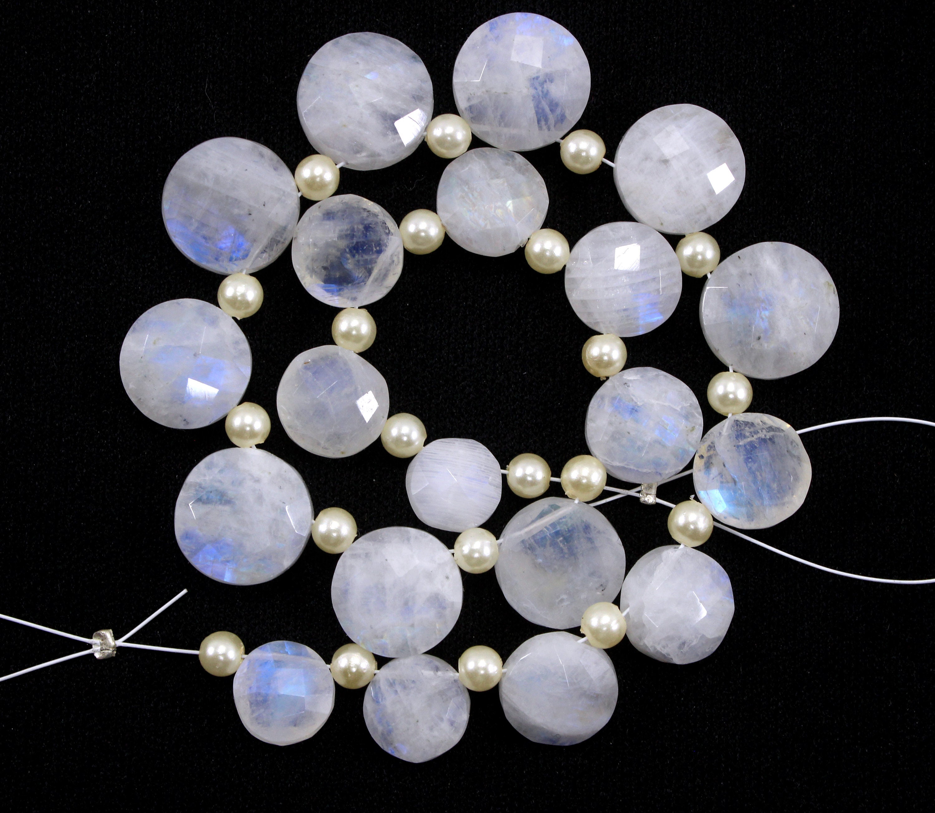 Faceted Rainbow Moonstone Strand: 20 Blue Fire Coin Beads (8-12 Mm)