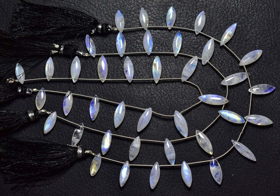 Rainbow Moonstone Marquise Beads - 8 Inches - Natural Smooth Rainbow Moonstone Blue Flashes Briolettes Strand - Size 5x13 - 5.5x16 #2789