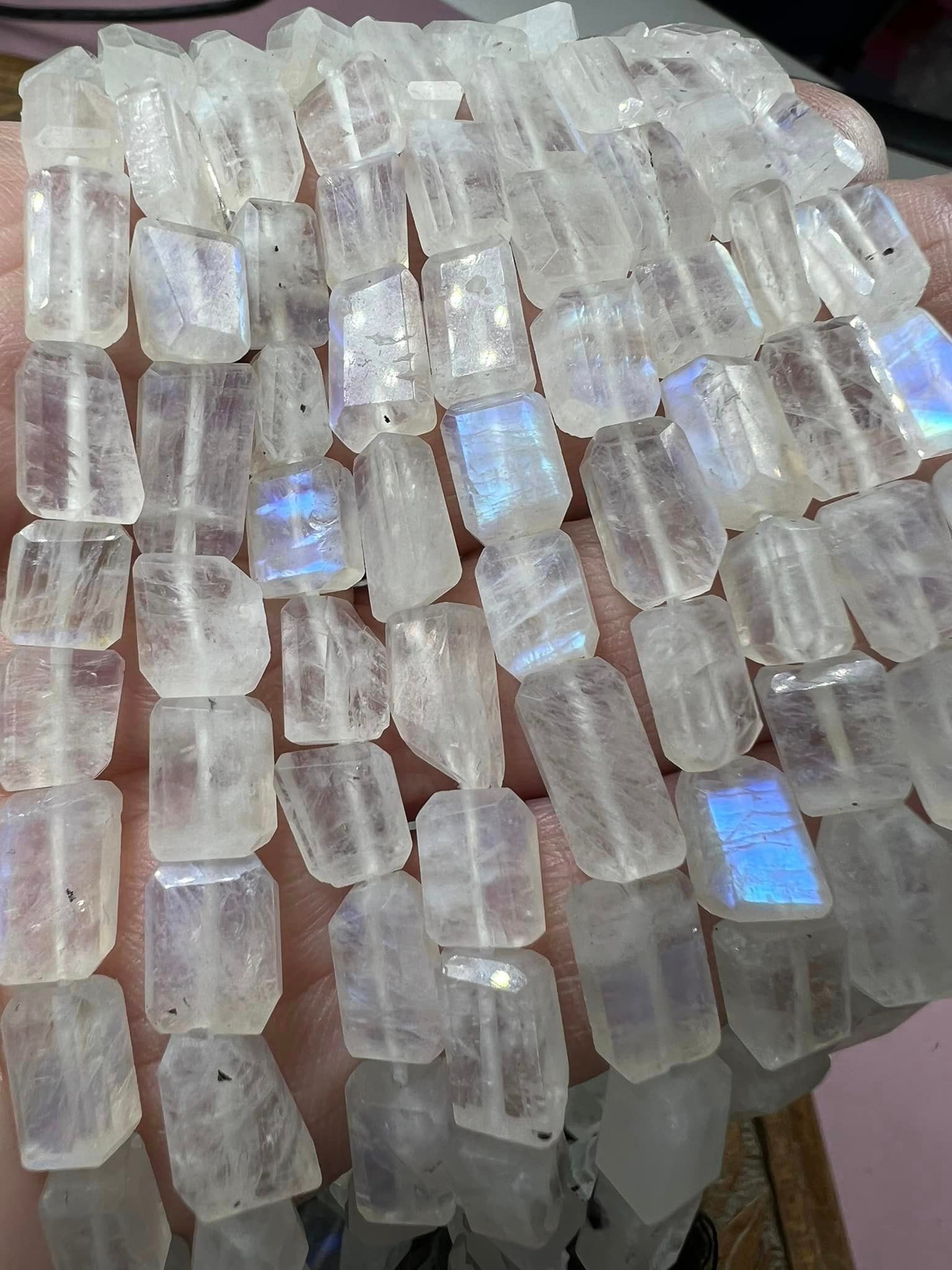 Mesmerising Flashy Natural Rainbow Moonstone Natural Rustic Step Cut Rectangle Beads Handcut / 10-12mm Approx / 20cm Strand