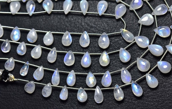 Rainbow Moonstone Pear Beads - 8 Inches - Natural Smooth Rainbow Moonstone Blue Fire Pear Briolettes Strand - Size Is 6x8 - 7x10 Mm #1769