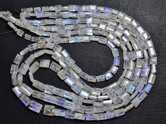 Rainbow Moonstone Rectangle Beads - 19 Inches - Natural Super Quality Faceted Rainbow Blue Flashes Rectangle Strand - Size 4x5.5 - 6x9 #496