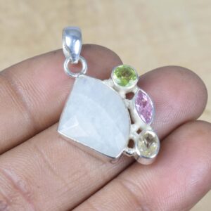 Rainbow Moonstone 925 Sterling Silver Multi Gemstone Pendant