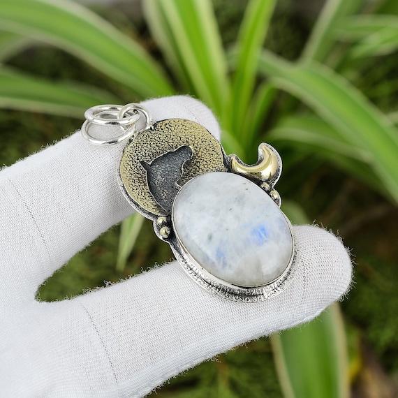 Rainbow Moonstone 925 Sterling Silver Pendant - Handmade Statement Jewelry