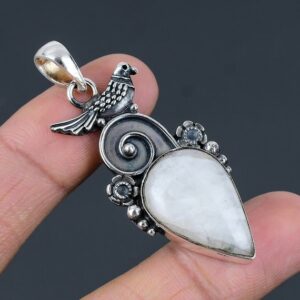 Rainbow Moonstone Bird Pendant: 925 Sterling Silver Handmade Jewelry