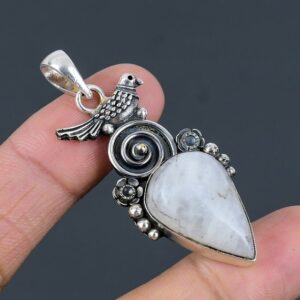 Rainbow Moonstone Bird Pendant: Handmade Sterling Silver Jewelry