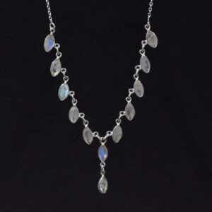 Cut Rainbow Moonstone Necklace: 925 Sterling Silver Marquise Pendant, Handmade