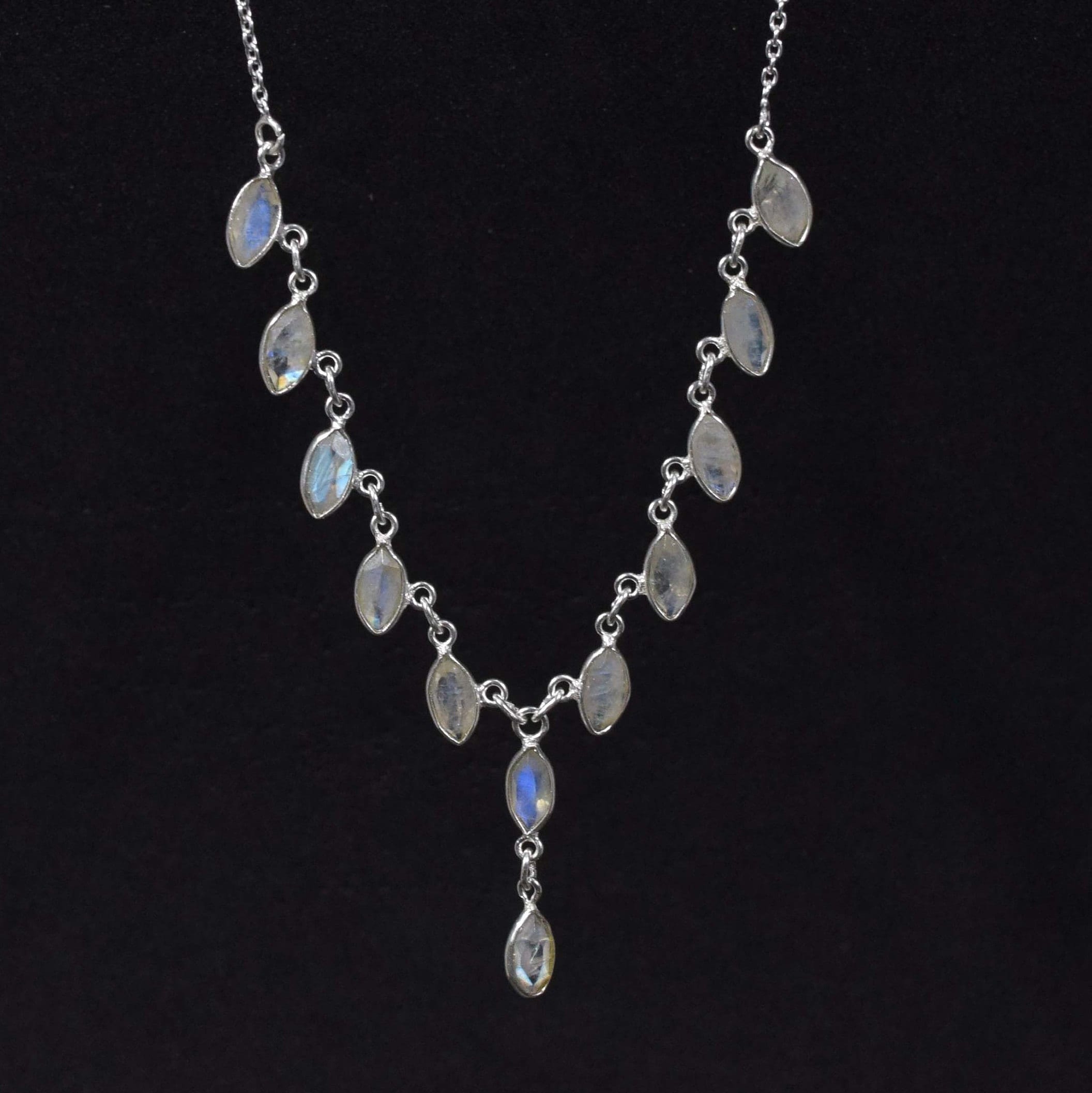 Cut Rainbow Moonstone Necklace: 925 Sterling Silver Marquise Pendant, Handmade
