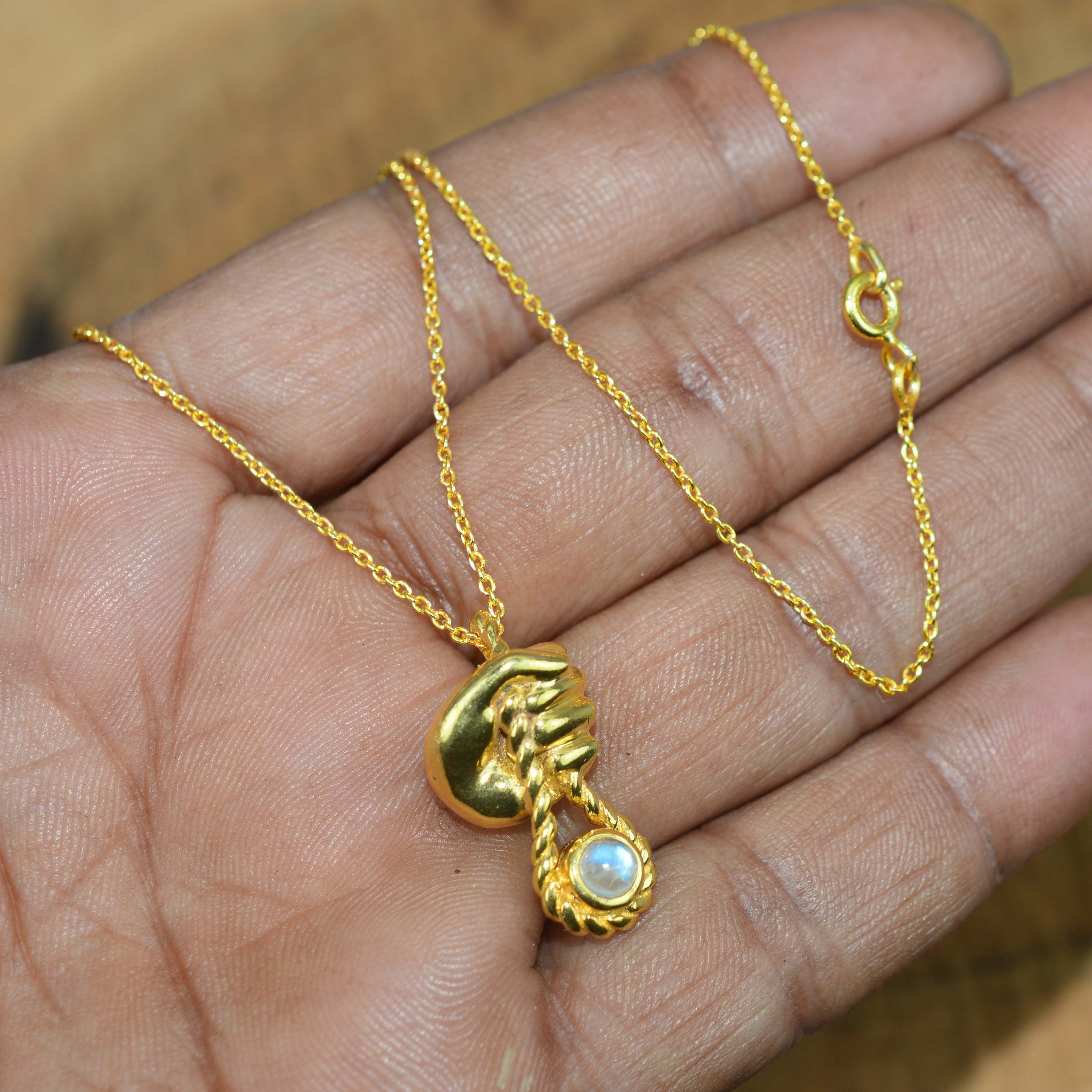 Rainbow Moonstone Hand Pendant Necklace: 18k Gold Overlay, Sterling Silver