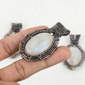 Handmade Copper Wire Wrapped Rainbow Moonstone Pendant