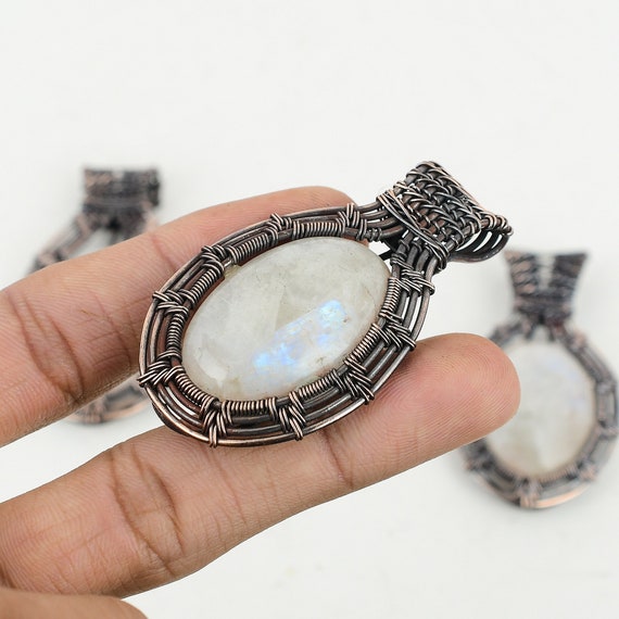 Handmade Copper Wire Wrapped Rainbow Moonstone Pendant