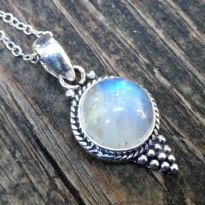 Handmade Rainbow Moonstone Pendant Necklace: Sterling Silver Bohemian Jewelry