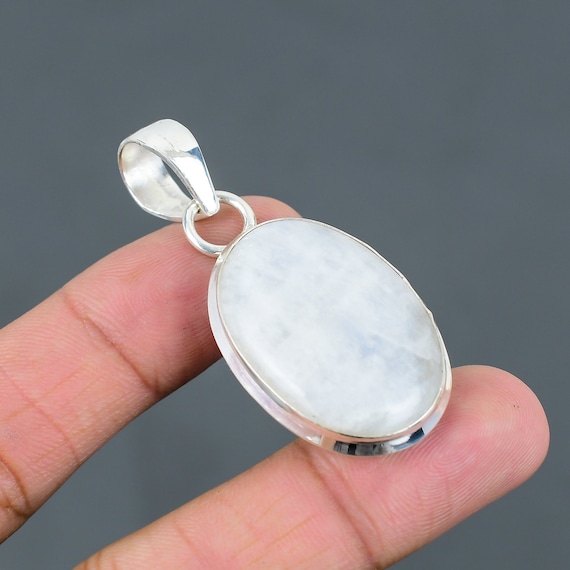 Handmade Oval Rainbow Moonstone 925 Sterling Silver Pendant (56 Mm)