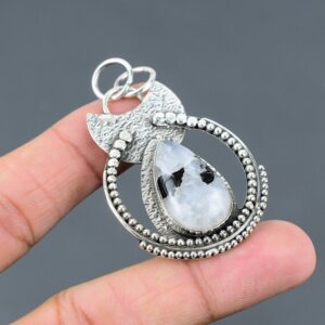 Handmade Pear Rainbow Moonstone 925 Sterling Silver Pendant
