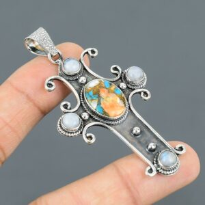 Handmade Spiny Oyster Copper Turquoise Cross Pendant: Sterling Silver Rainbow Moonstone Jewelry