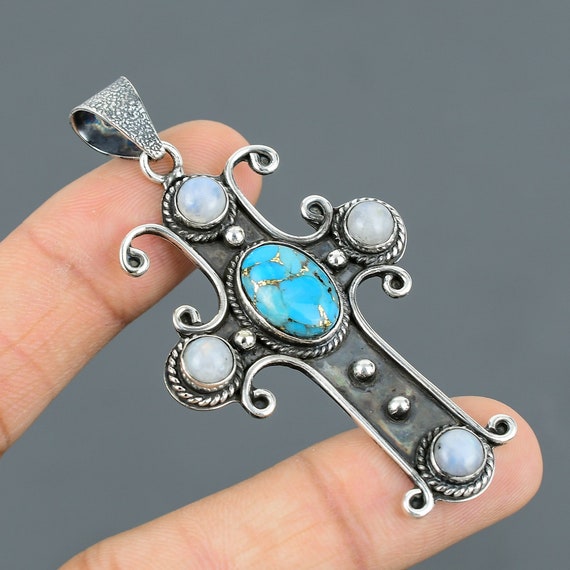 Handmade Sterling Silver Cross Pendant: Copper Turquoise & Rainbow Moonstone