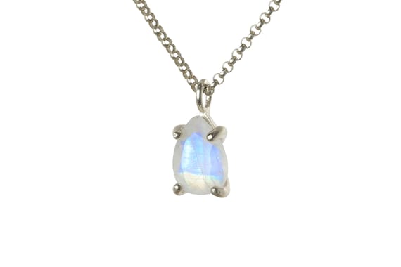 June Birthstone Necklace · Natural Rainbow Moonstone Necklace · Long Silver Pendant Necklace  · 14k White Gold Necklace