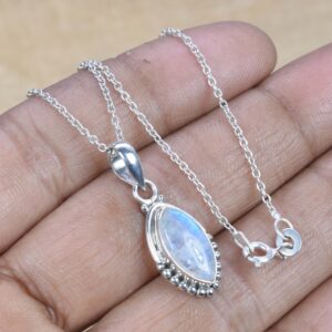 Marquise Rainbow Moonstone Pendant, 925 Sterling Silver, June Birthstone