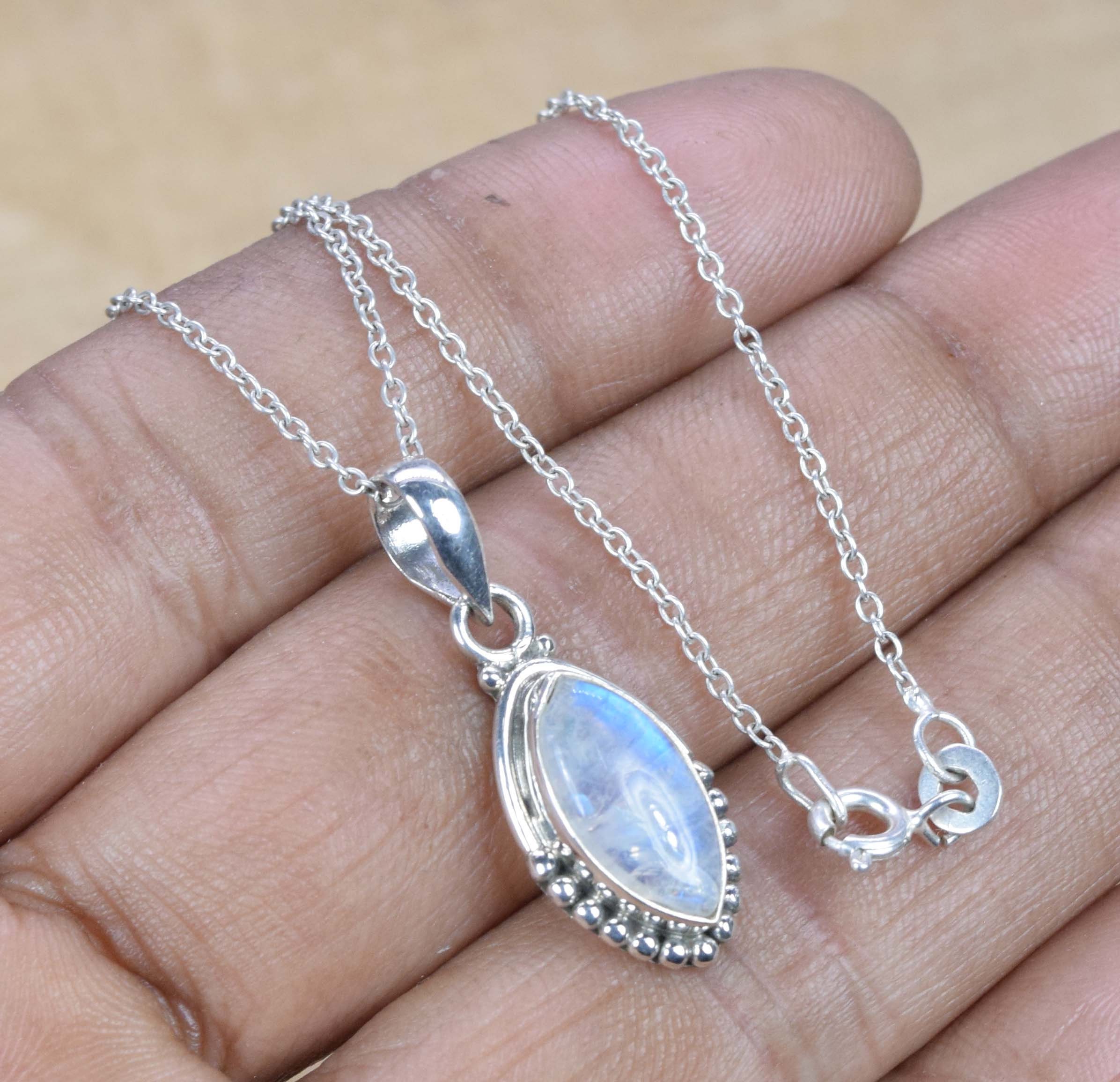 Marquise Rainbow Moonstone Pendant, 925 Sterling Silver, June Birthstone