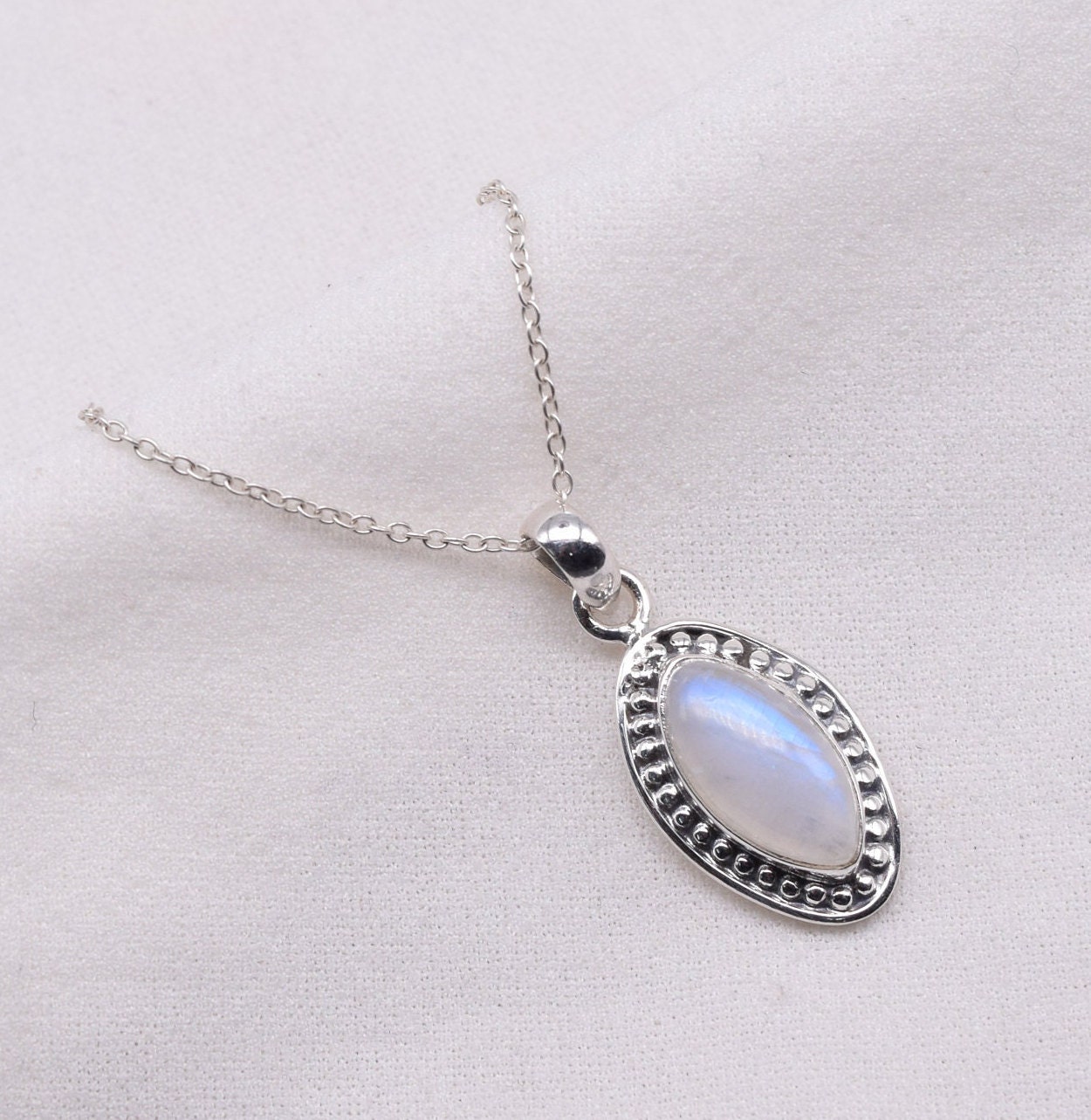 Marquise Rainbow Moonstone Pendant: Sterling Silver June Birthstone