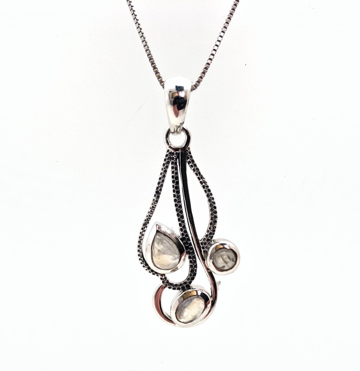 Rainbow Moonstone Pendant - Multistone Etched Setting - Sterling Silver -- Moonstone Pendant Rainbow Moonstone Pendant - Multistone Etched Setting - Sterling Silver -- Moonstone Pendant