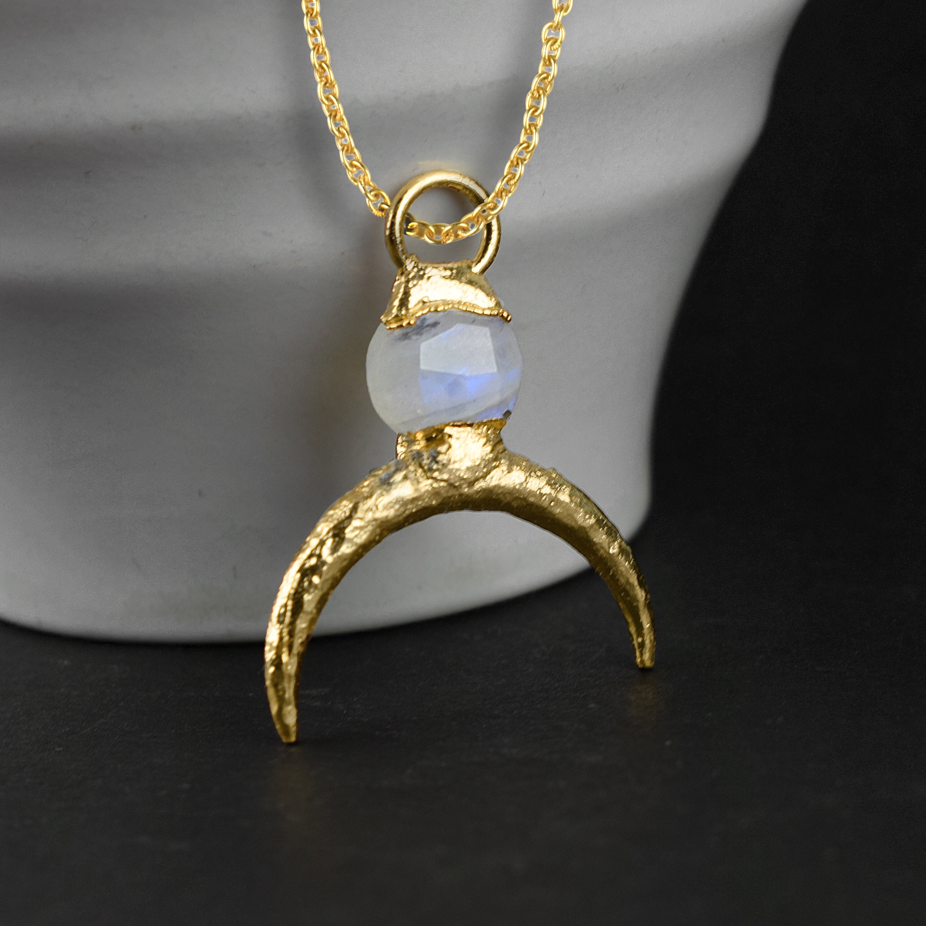 Natural Rainbow Moonstone Necklace Half Moon Pendant Minimal Pendant Night Pendant Womens Pendant Boho Pendant Wedding Necklace