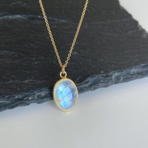 Rainbow Moonstone Necklace, June Birthstone, White Oval Pendant, Layering Gold Necklace, Minimalist Gemstone Jewelry, Summer Necklace Gift