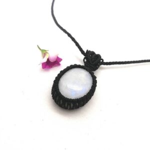 Rainbow Moonstone Necklace: Micro Macrame Pendant, Adjustable Cord
