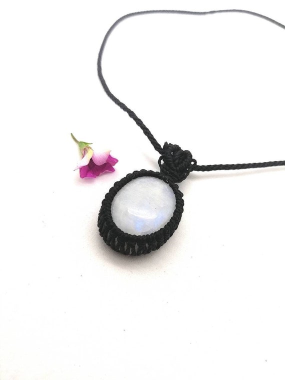 Rainbow Moonstone Necklace: Micro Macrame Pendant, Adjustable Cord Rainbow Moonstone Necklace: Micro Macrame Pendant, Adjustable Cord