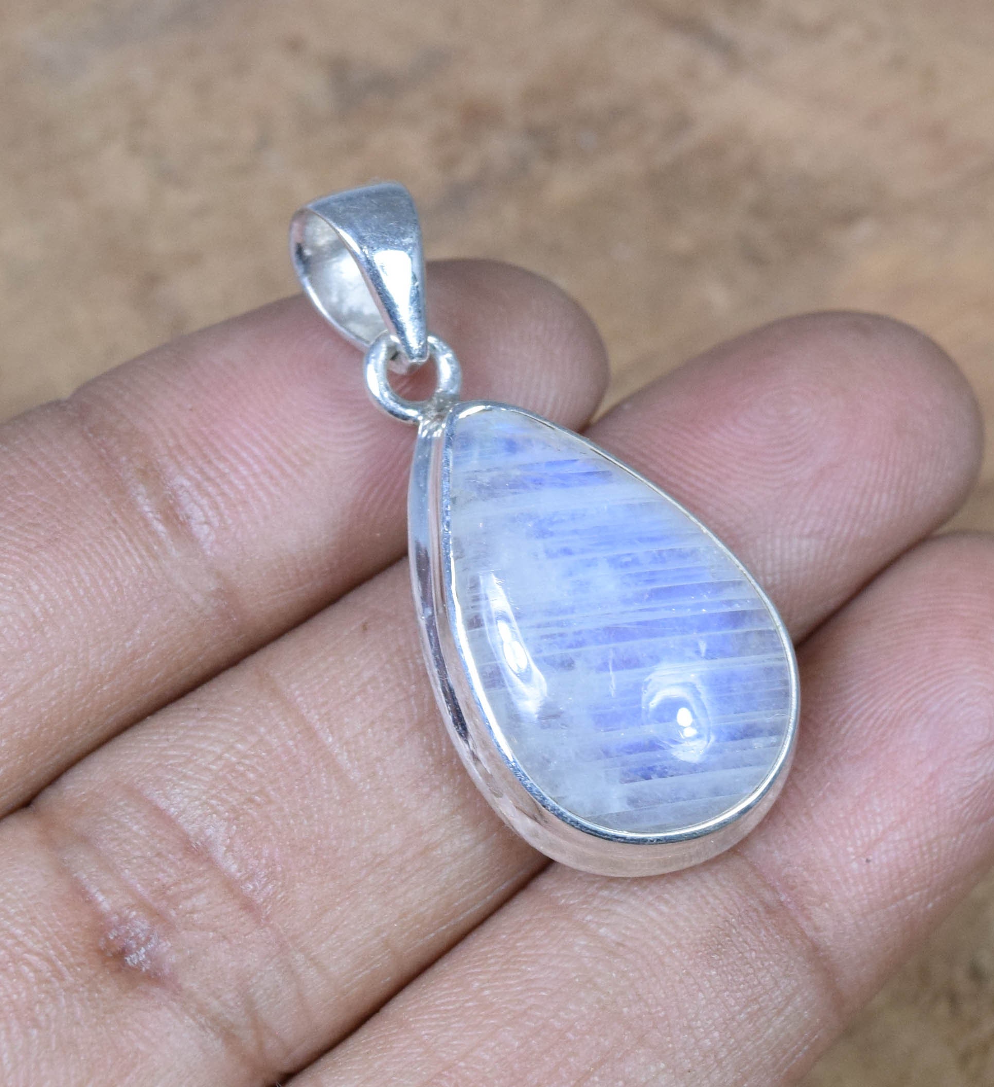 Rainbow Moonstone Pear Pendant: 925 Sterling Silver, June Birthstone