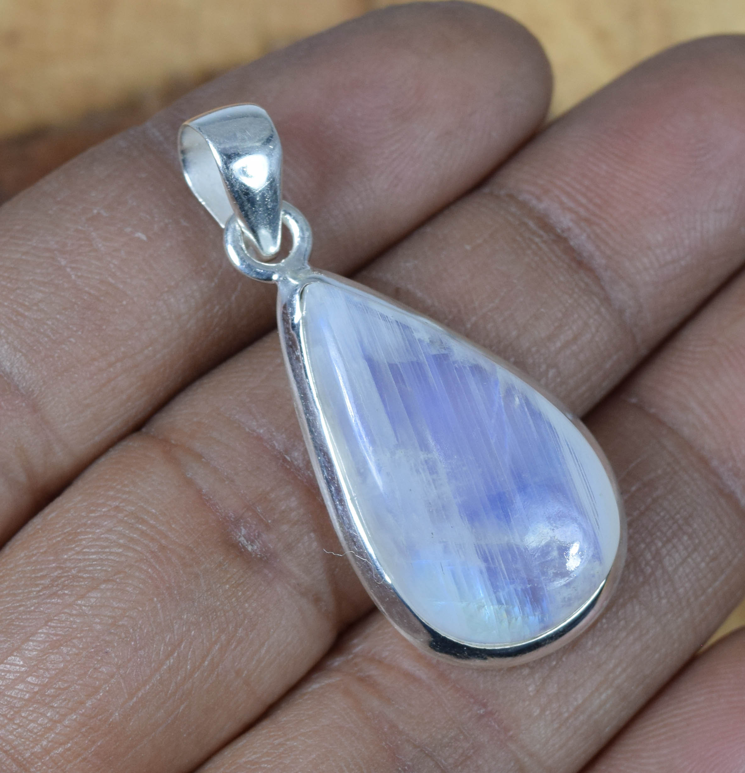 Pear Rainbow Moonstone Pendant: Handmade 925 Sterling Silver