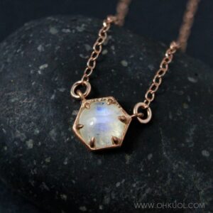 Rose Gold Rainbow Moonstone Hexagon Pendant Necklace