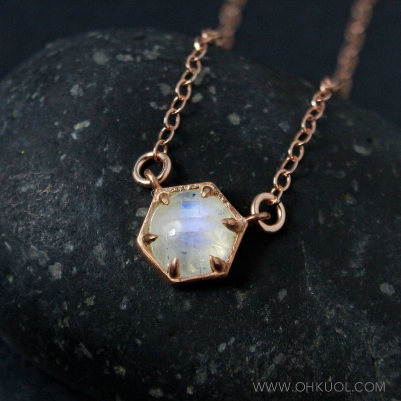 Rose Gold Rainbow Moonstone Hexagon Pendant Necklace Rose Gold Rainbow Moonstone Hexagon Pendant Necklace