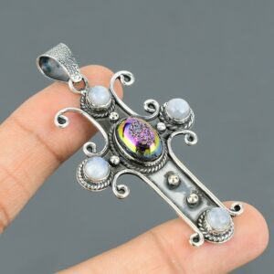 Titanium Druzy 925 Sterling Silver Cross Pendant with Rainbow Moonstone