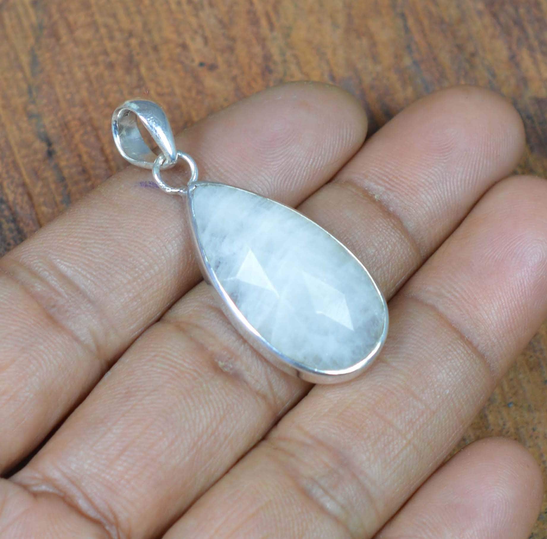 White Rainbow Moonstone 925 Sterling Silver Cut Gemstone Pendant