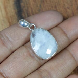 White Rainbow Moonstone 925 Sterling Silver Cut Gemstone Pendant