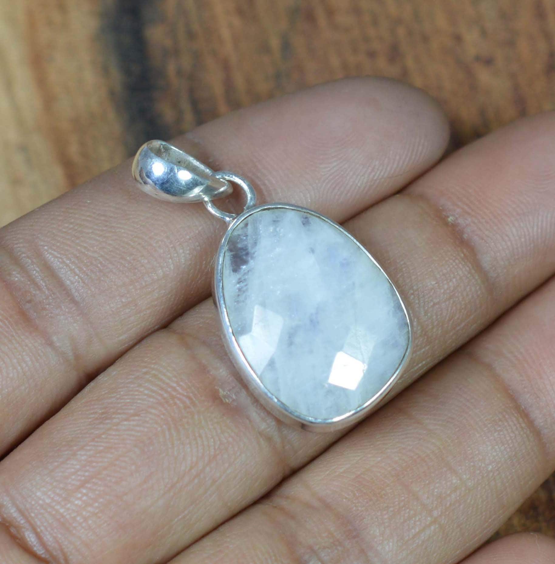 White Rainbow Moonstone 925 Sterling Silver Cut Gemstone Pendant
