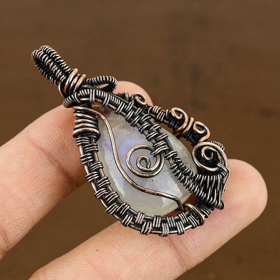 Wire Wrapped Rainbow Moonstone Pendant: Handmade Copper Jewelry