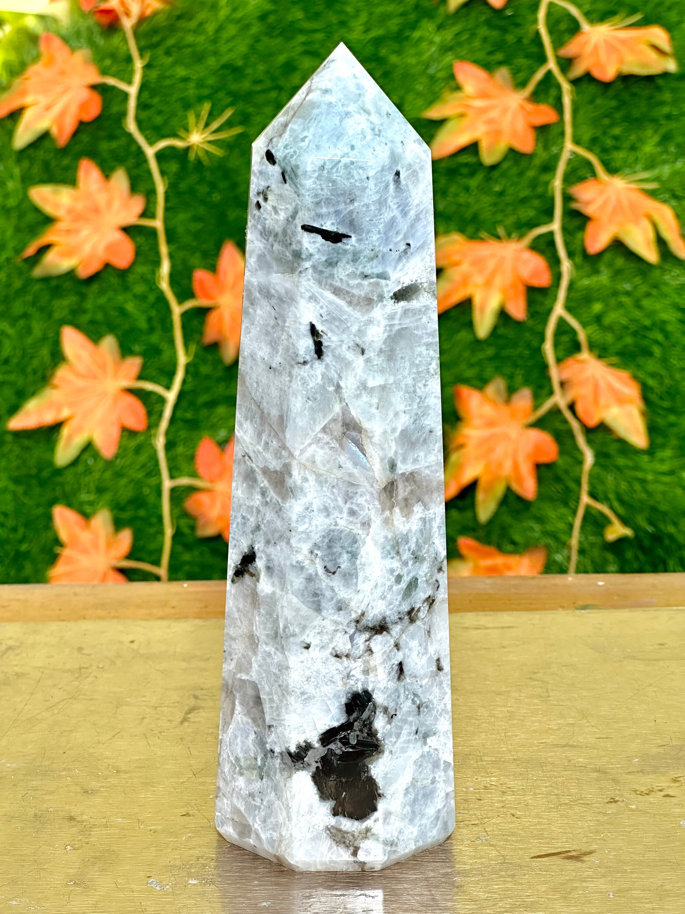 A+ Flashy White Rainbow Moonstone 8 Faceted Metaphysical Meditation Healing Power Obelisk Tower