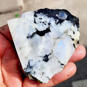 Natural White Rainbow Moonstone Rough Specimen: Black Spot Slabs