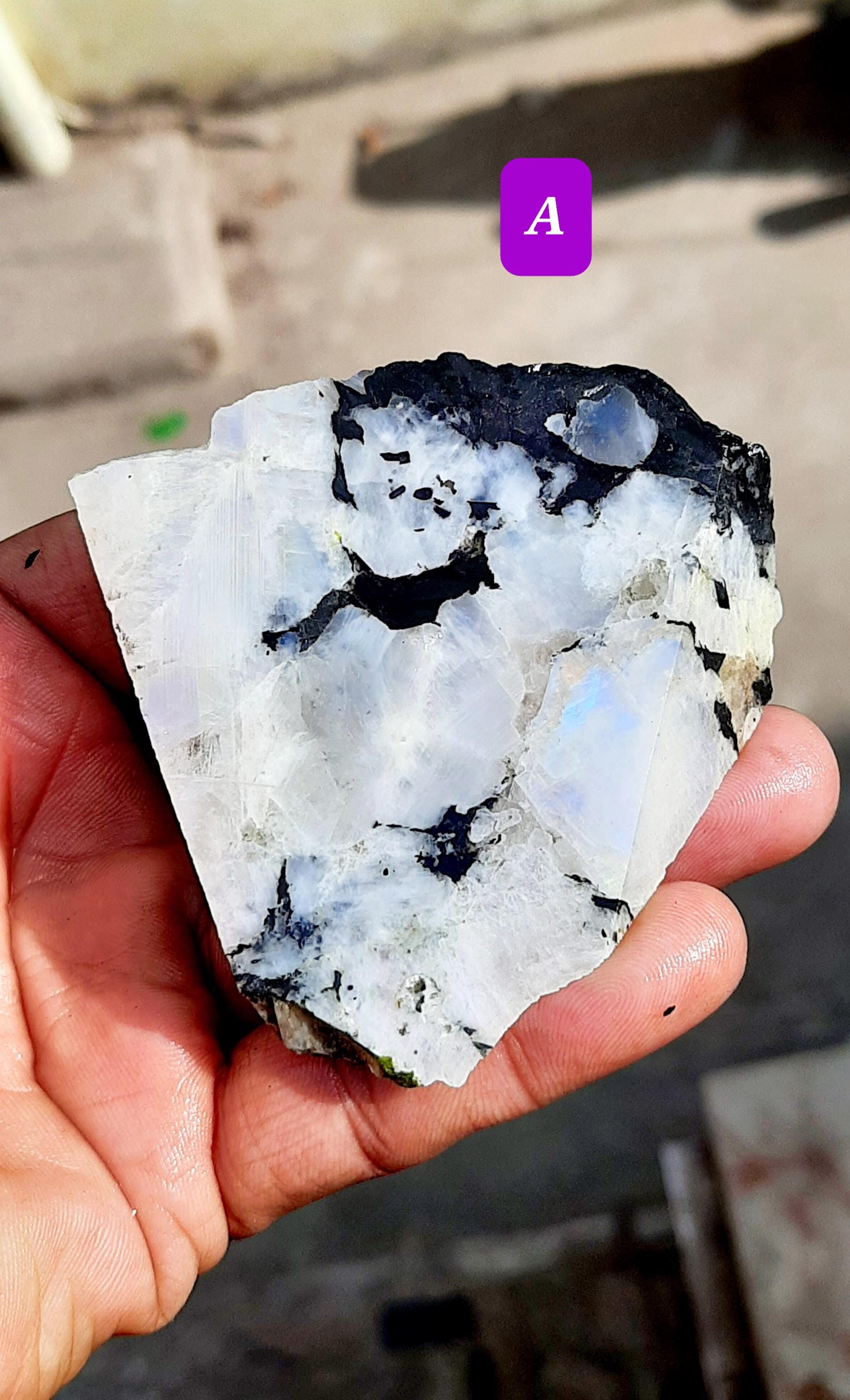 Natural White Rainbow Moonstone Rough Specimen: Black Spot Slabs