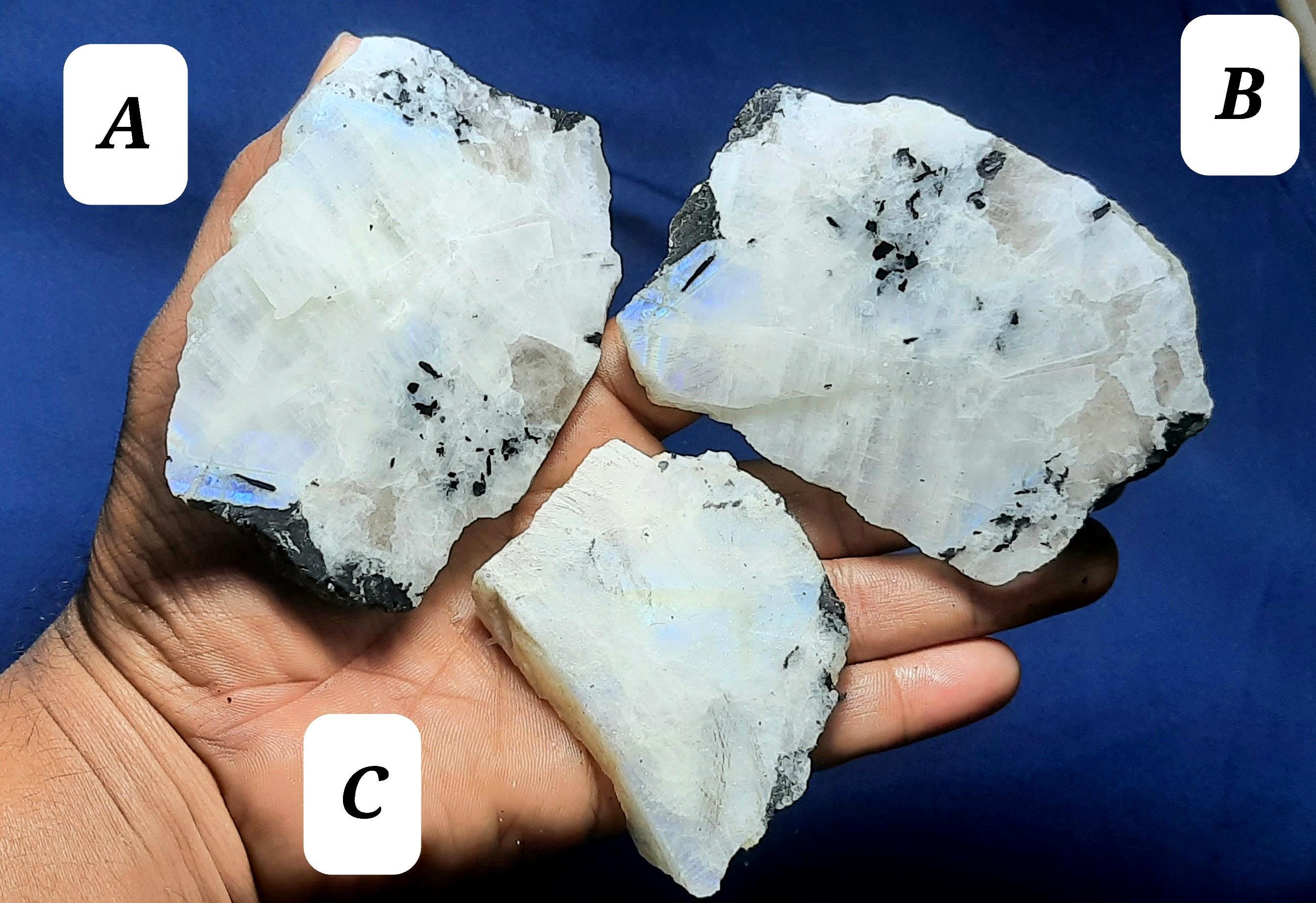White Rainbow Moonstone Rough: Blue Flashy Raw Gemstone Slabs