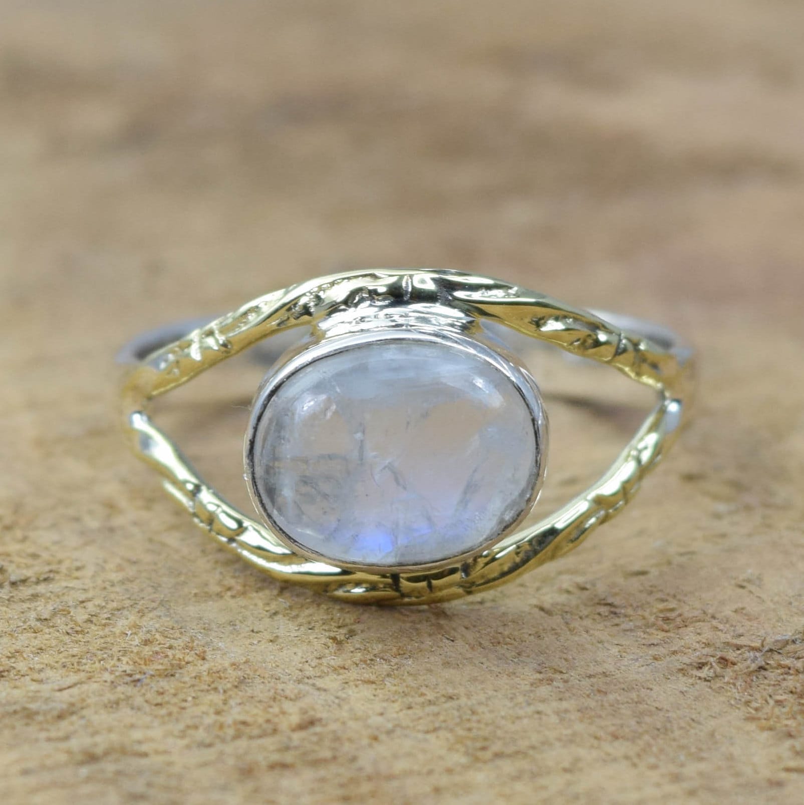 Rainbow Moonstone Ring: 925 Sterling Silver & Brass, June Birthstone Rainbow Moonstone Ring: 925 Sterling Silver & Brass, June Birthstone