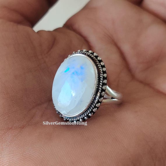 Rainbow Moonstone Ring: 925 Sterling Silver Statement Ring Handmade Jewelry