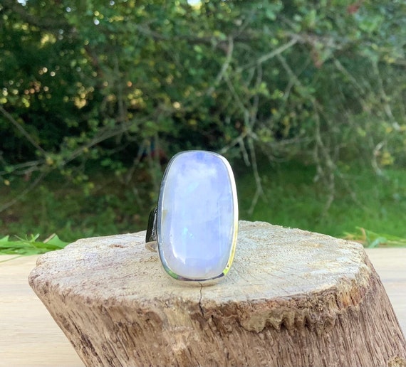 Adjustable Sterling Silver Rainbow Moonstone Ring: Large Gemstone
